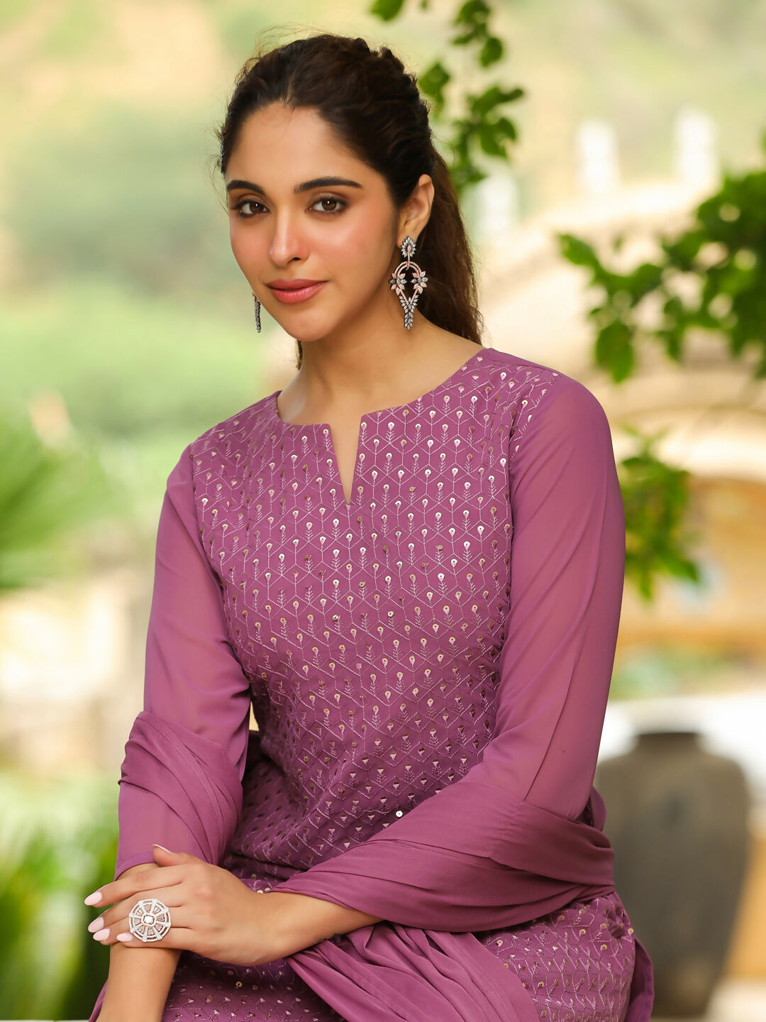 Janasya Lavender Georgette Embroidered Kurta,Bottom & Dupatta | Swadesiicart