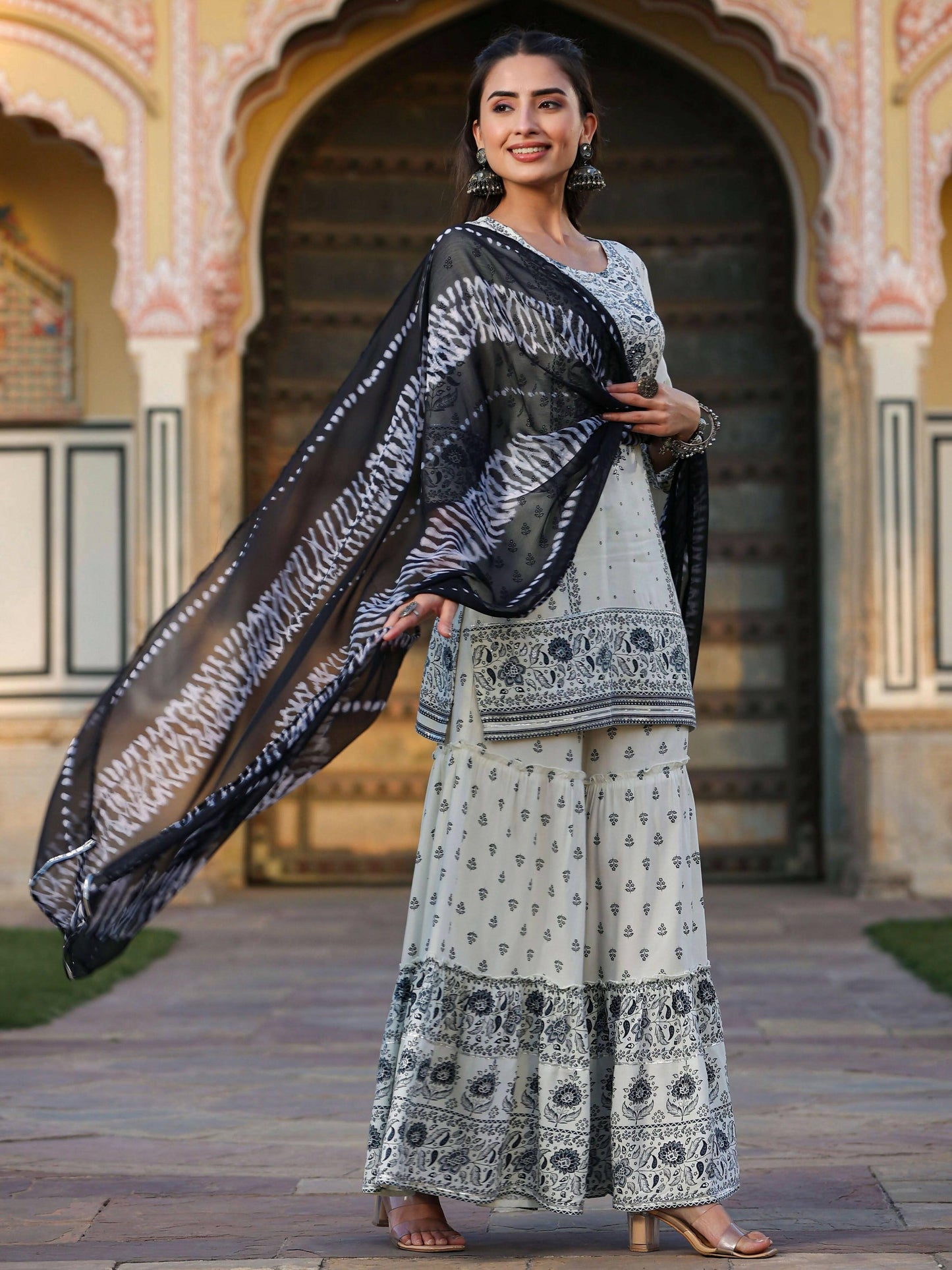 Juniper Women's Off White Rayon Floral Placement Kurta With Sharara And Dupatta Set | Swadesiicart