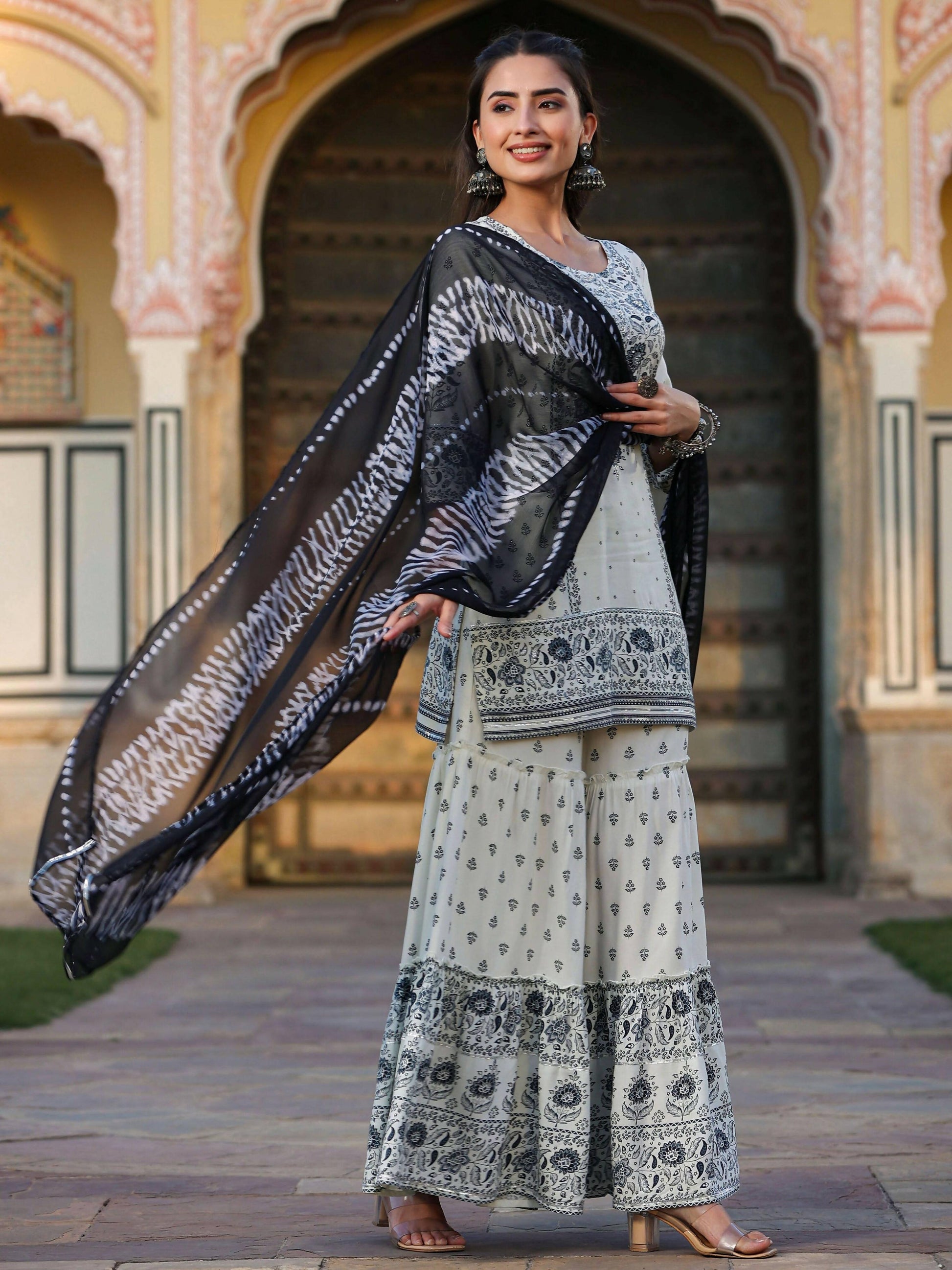 Juniper Women's Off White Rayon Floral Placement Kurta With Sharara And Dupatta Set | Swadesiicart