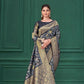 Blue Tussar Silk Jacquard Abstract Digital Print Saree with Unstitched Blouse - Mohira