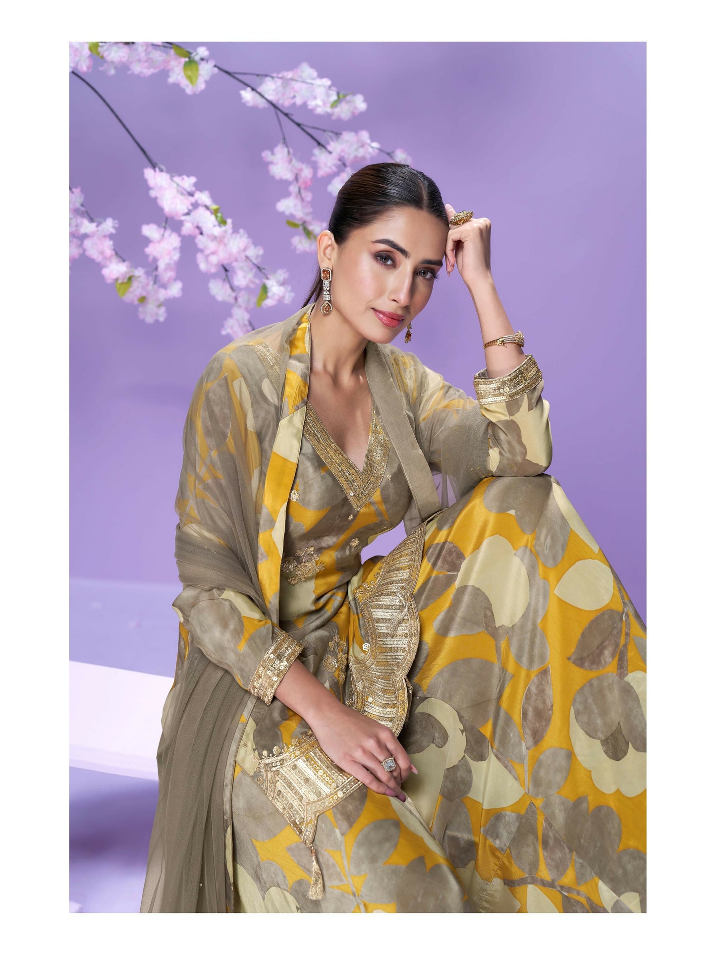 Anaita Yellow Chinon Readymade Palazzo Suit with Digital Embroidery Work