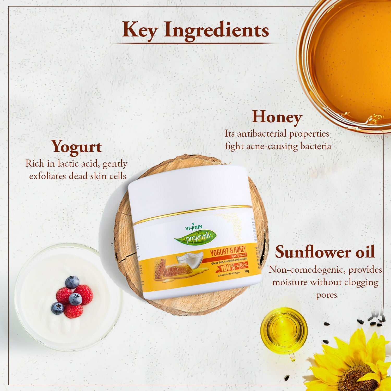 VI-JOHN Prakritik Yogurt & Honey Face Pack Restoresgmlow, Made With 100% Natural Bio Actives | Swadesiicart