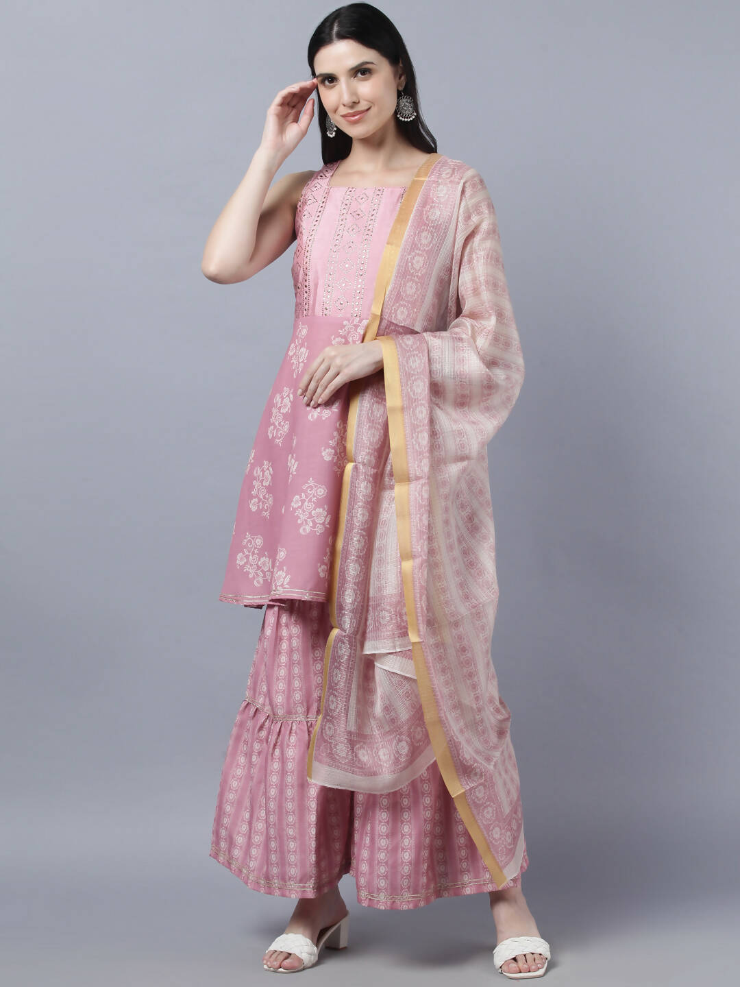 Myshka Women Peach-Coloured White Floral Printed Kurta with Sharara With Dupatta Set | Swadesiicart