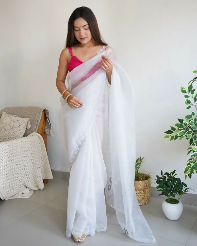 Vamsee Sheetal White Organza Saree - Swadesiicart