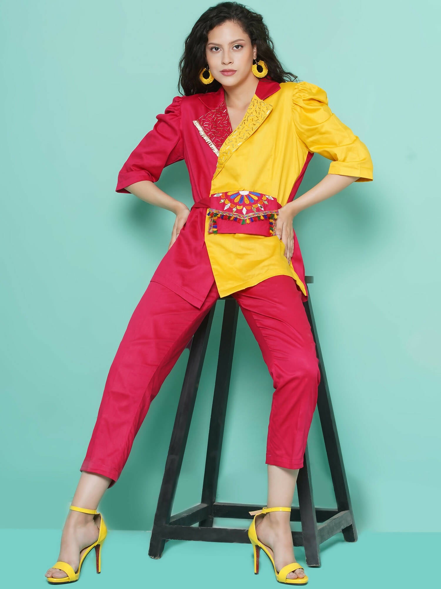 Women Republic Pink And Yellow Cotton Silk hand Embellished Coord set with Pouch | Swadesiicart