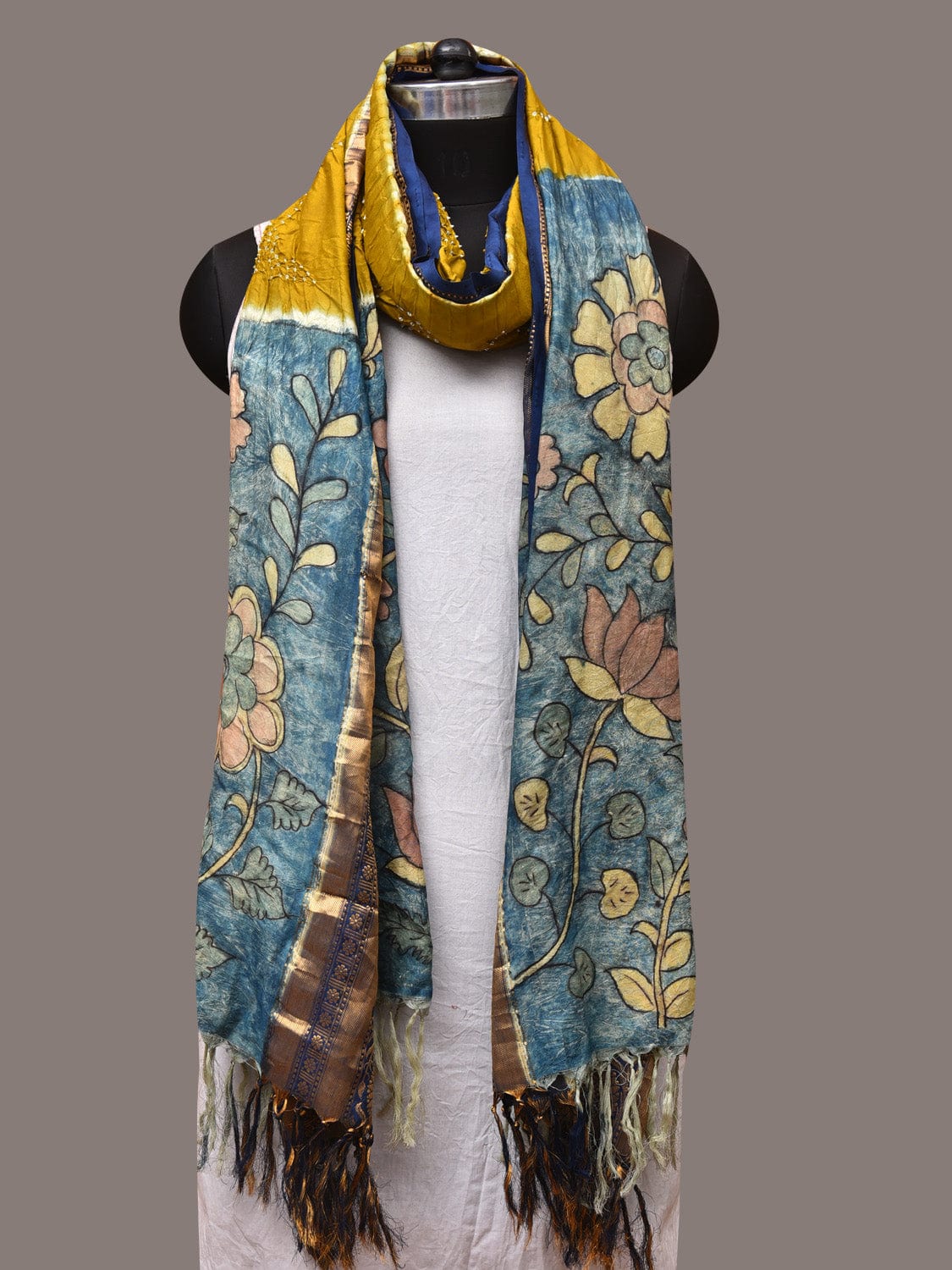 Olive and Blue Bandhani Kanchipuram Silk Handloom Dupatta with Kalamkari Design - Global Threads | Swadesiicart