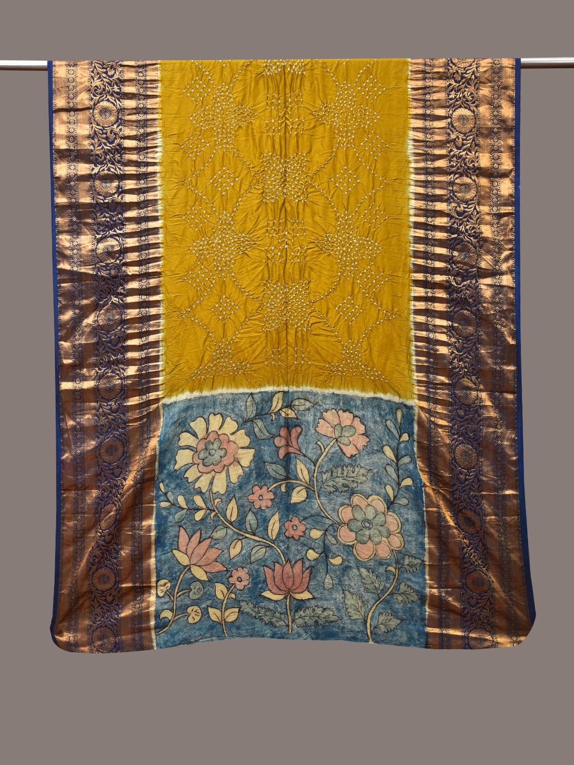 Olive and Blue Bandhani Kanchipuram Silk Handloom Dupatta with Kalamkari Design - Global Threads | Swadesiicart