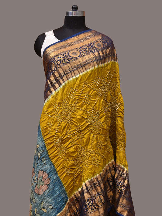 Olive and Blue Bandhani Kanchipuram Silk Handloom Dupatta with Kalamkari Design - Global Threads | Swadesiicart