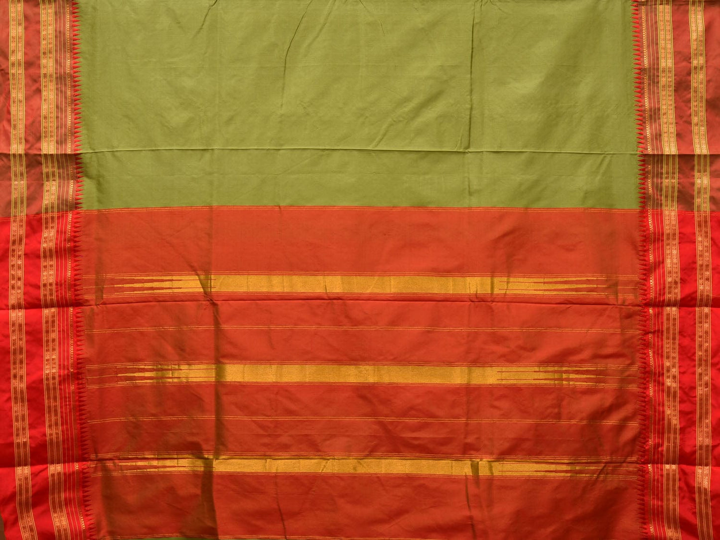 Olive and Red Narayanpet Silk Handloom Plain Saree with Traditional Border Design No Blouse - Global Threads | Swadesiicart