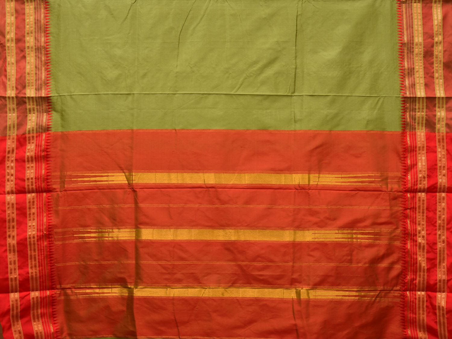 Olive and Red Narayanpet Silk Handloom Plain Saree with Traditional Border Design No Blouse - Global Threads | Swadesiicart