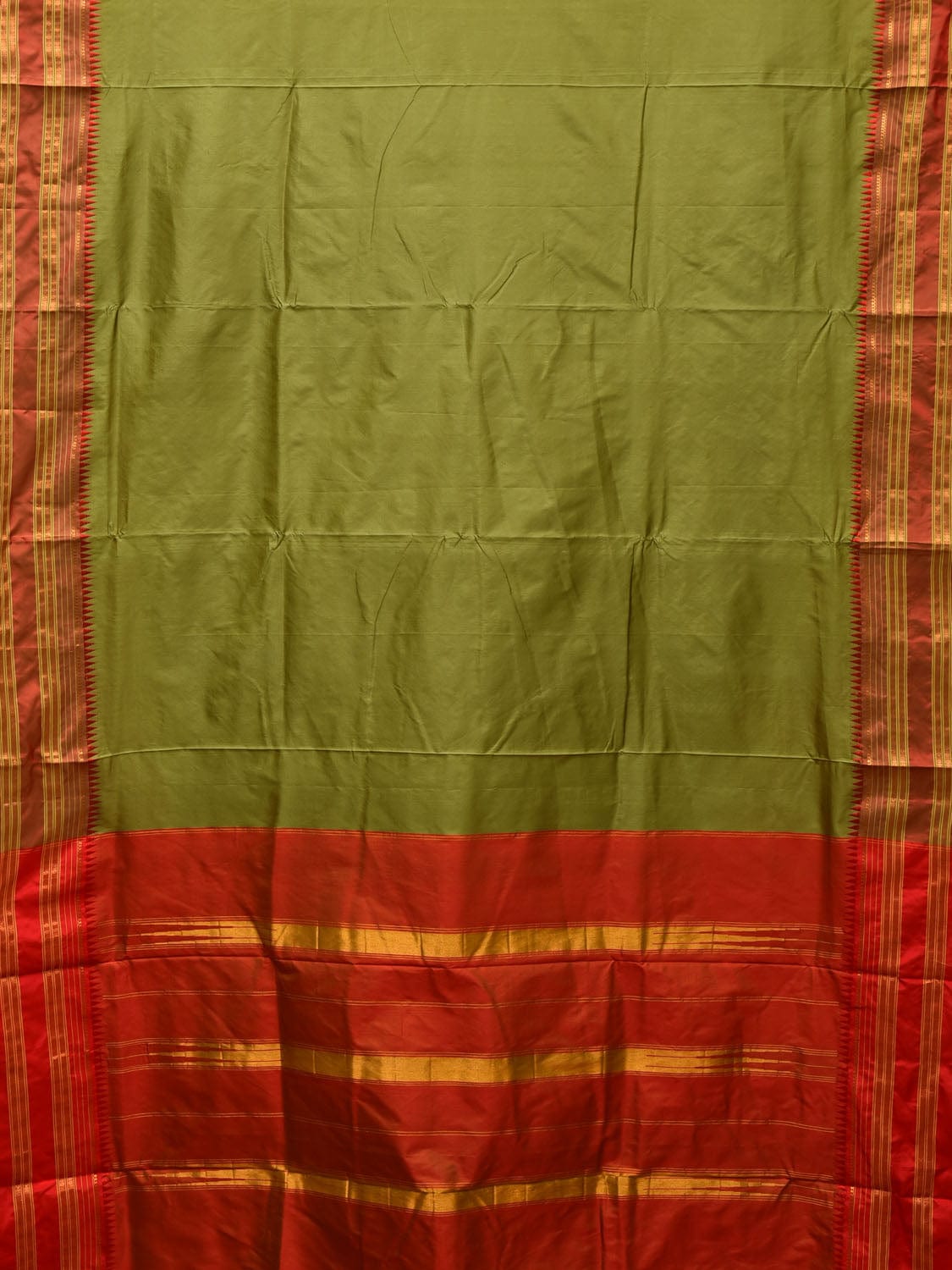 Olive and Red Narayanpet Silk Handloom Plain Saree with Traditional Border Design No Blouse - Global Threads | Swadesiicart