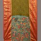 Olive and Sea Green Bandhani Kanchipuram Silk Handloom Dupatta with Kalamkari Floral Work Design - Global Threads | Swadesiicart