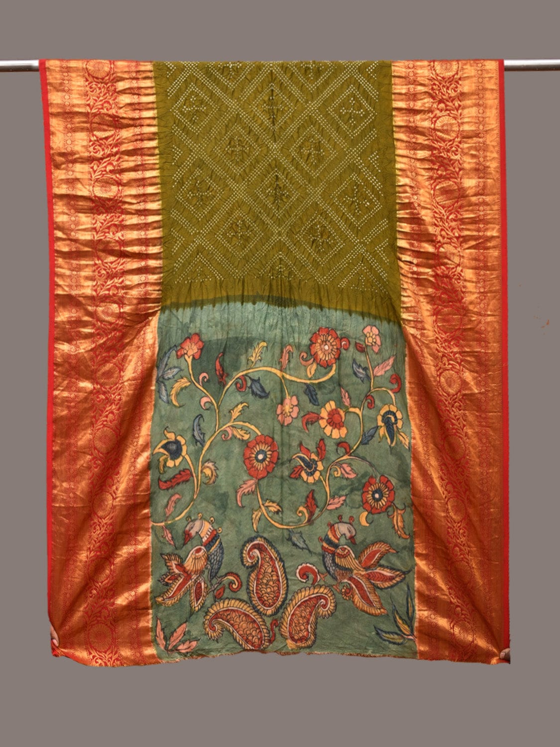 Olive and Sea Green Bandhani Kanchipuram Silk Handloom Dupatta with Kalamkari Floral Work Design - Global Threads | Swadesiicart