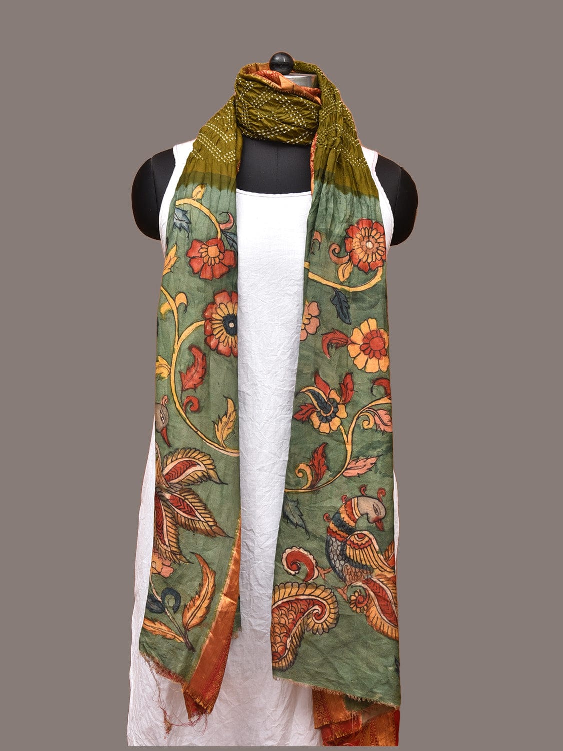 Olive and Sea Green Bandhani Kanchipuram Silk Handloom Dupatta with Kalamkari Floral Work Design - Global Threads | Swadesiicart