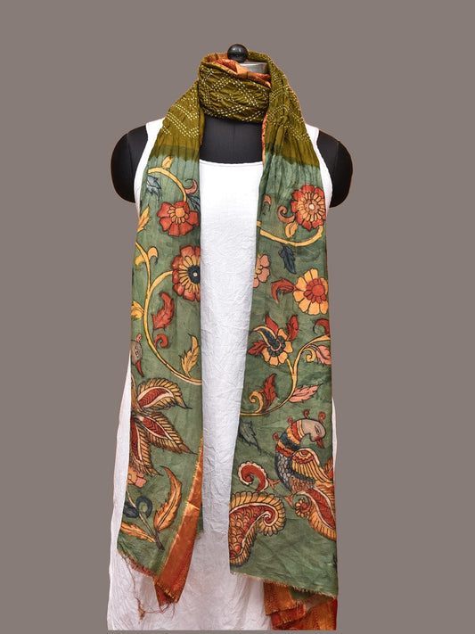 Olive and Sea Green Bandhani Kanchipuram Silk Handloom Dupatta with Kalamkari Floral Work Design - Global Threads | Swadesiicart