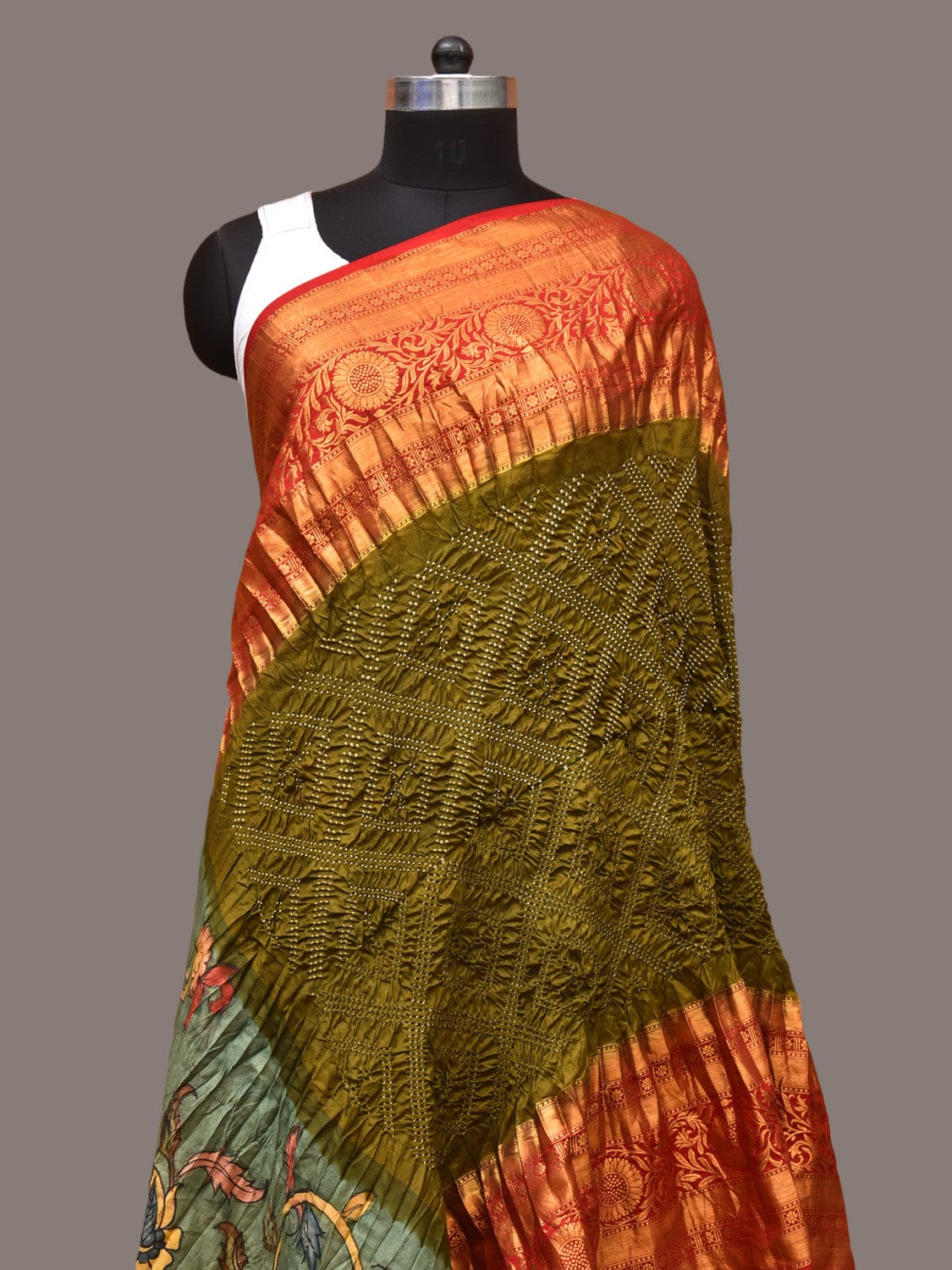 Olive and Sea Green Bandhani Kanchipuram Silk Handloom Dupatta with Kalamkari Floral Work Design - Global Threads | Swadesiicart
