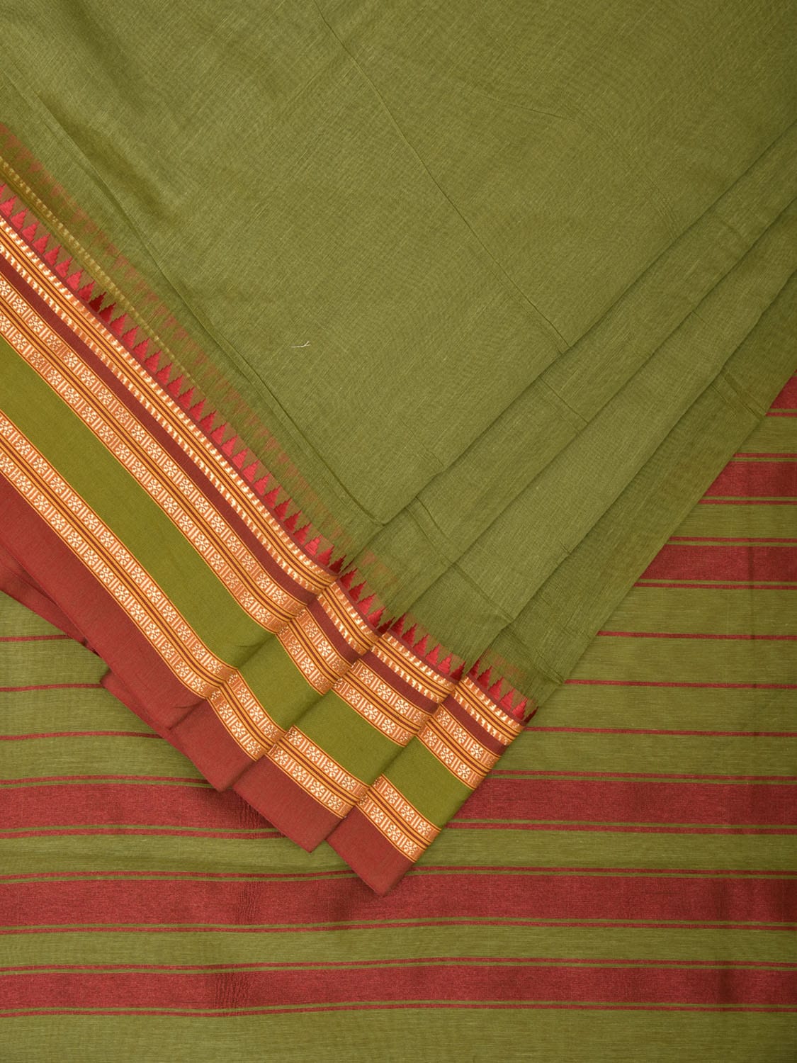 Olive Bamboo Cotton Plain Saree with Temple Border Design - Global Threads | Swadesiicart