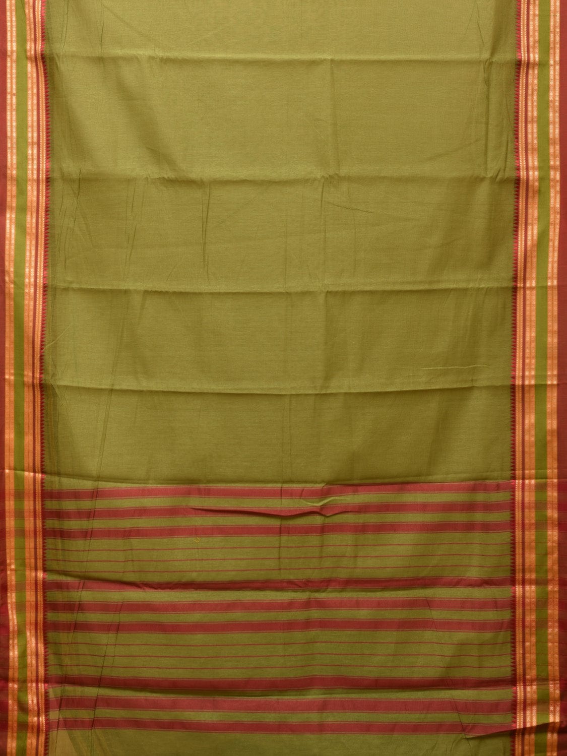 Olive Bamboo Cotton Plain Saree with Temple Border Design - Global Threads | Swadesiicart