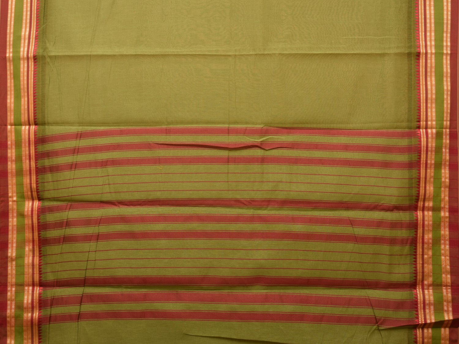 Olive Bamboo Cotton Plain Saree with Temple Border Design - Global Threads | Swadesiicart