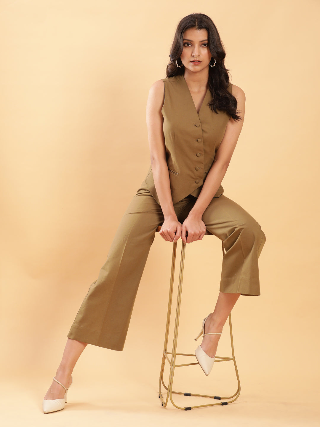 BohoJazz In-action Olive Green Tailored Waistcoat with Trousers Co-ord Set - Swadesiicart
