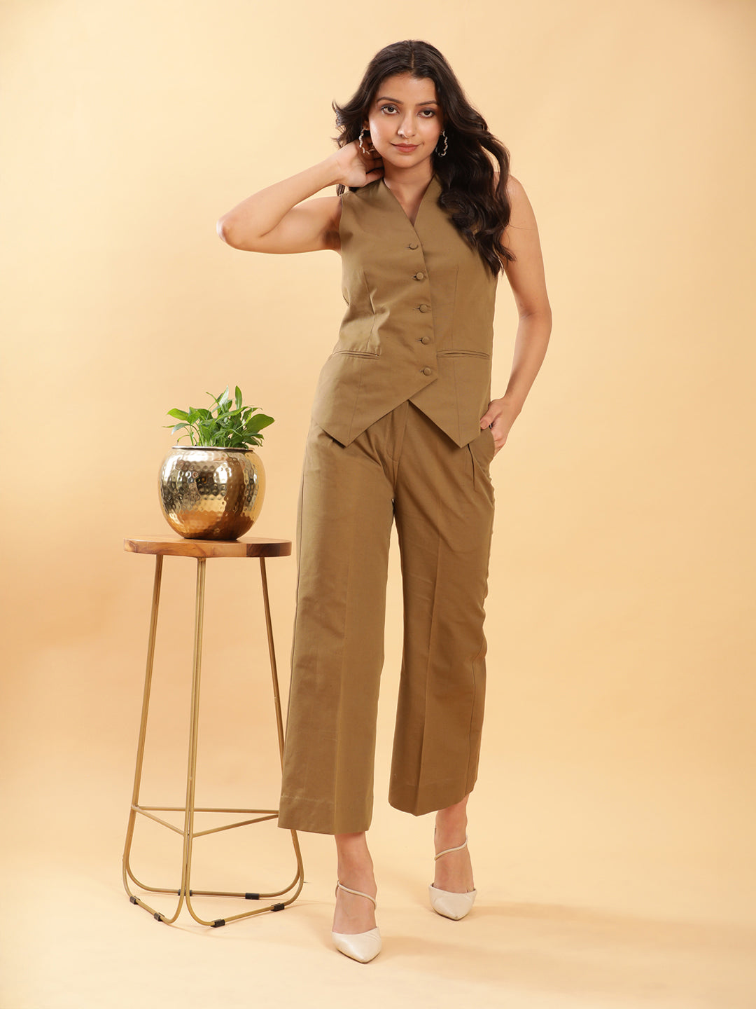 BohoJazz In-action Olive Green Tailored Waistcoat with Trousers Co-ord Set - Swadesiicart