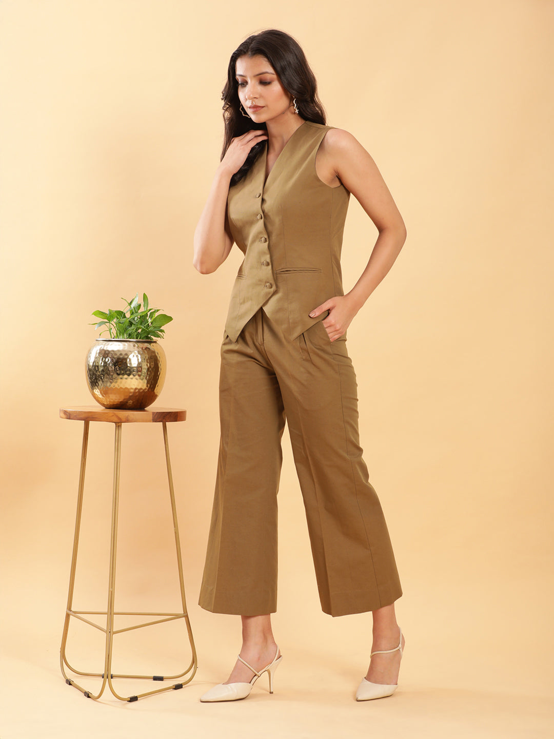 BohoJazz In-action Olive Green Tailored Waistcoat with Trousers Co-ord Set - Swadesiicart