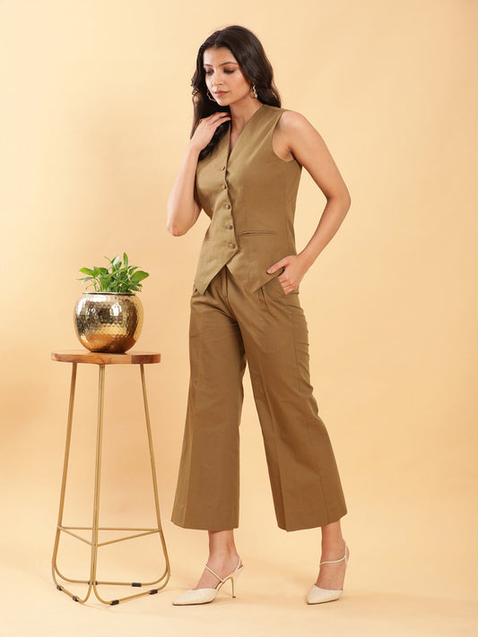 BohoJazz In-action Olive Green Tailored Waistcoat with Trousers Co-ord Set - Swadesiicart