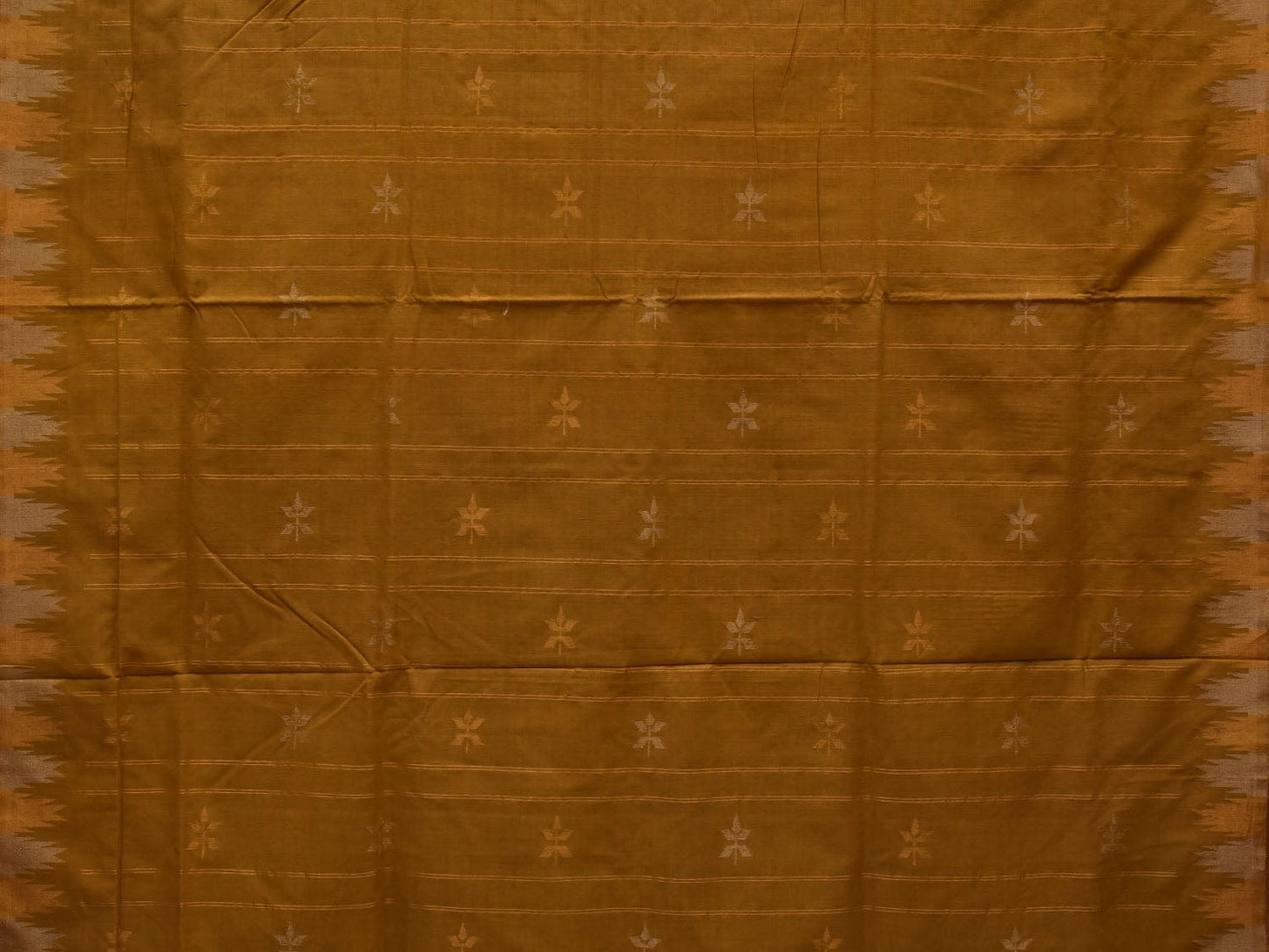 Olive Khadi Cotton Handloom Saree with Temple Border Design - Global Threads | Swadesiicart