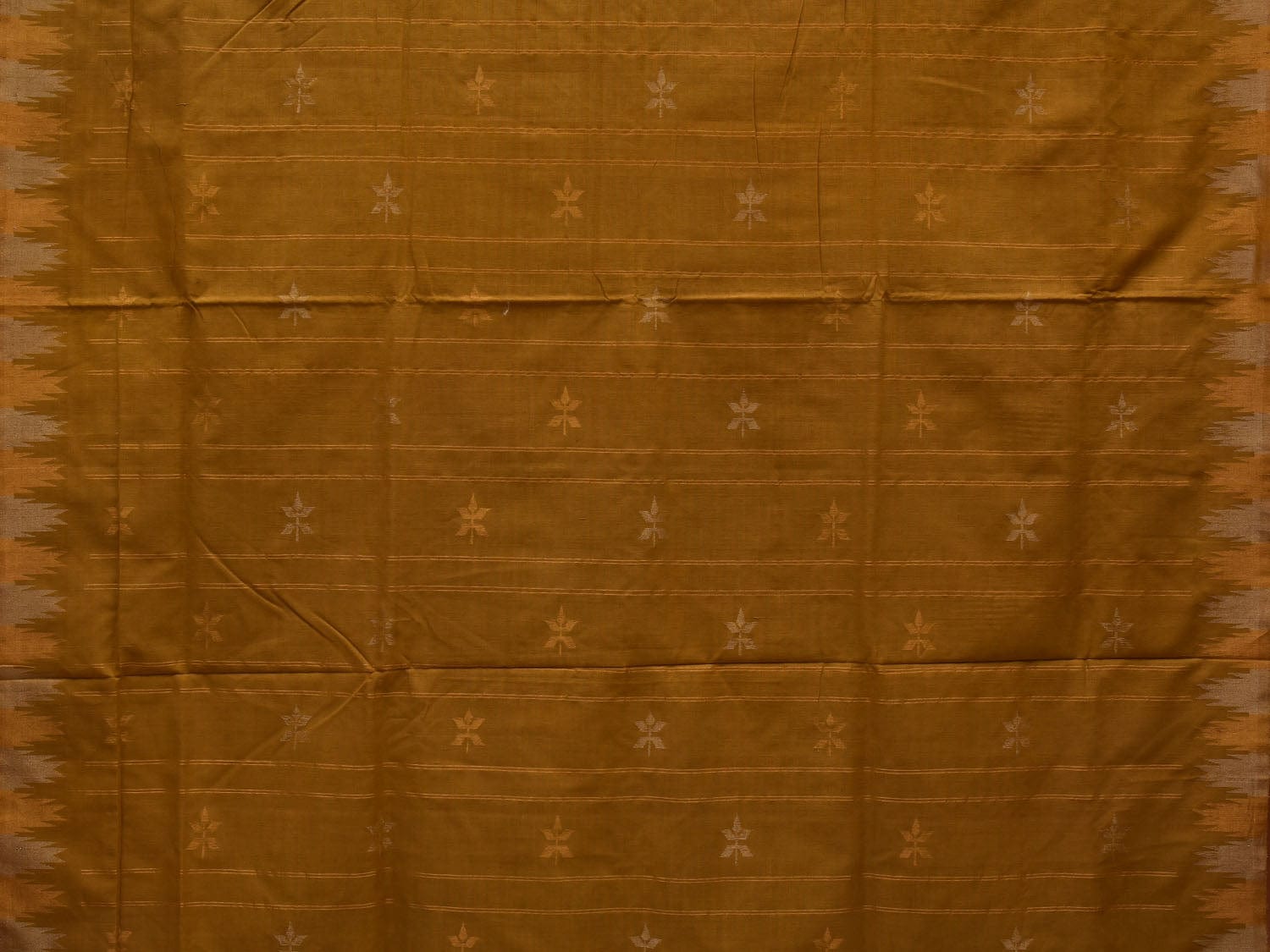 Olive Khadi Cotton Handloom Saree with Temple Border Design - Global Threads | Swadesiicart