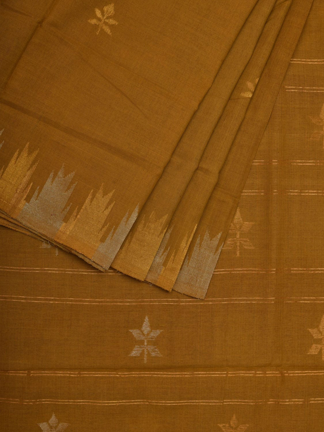 Olive Khadi Cotton Handloom Saree with Temple Border Design - Global Threads | Swadesiicart
