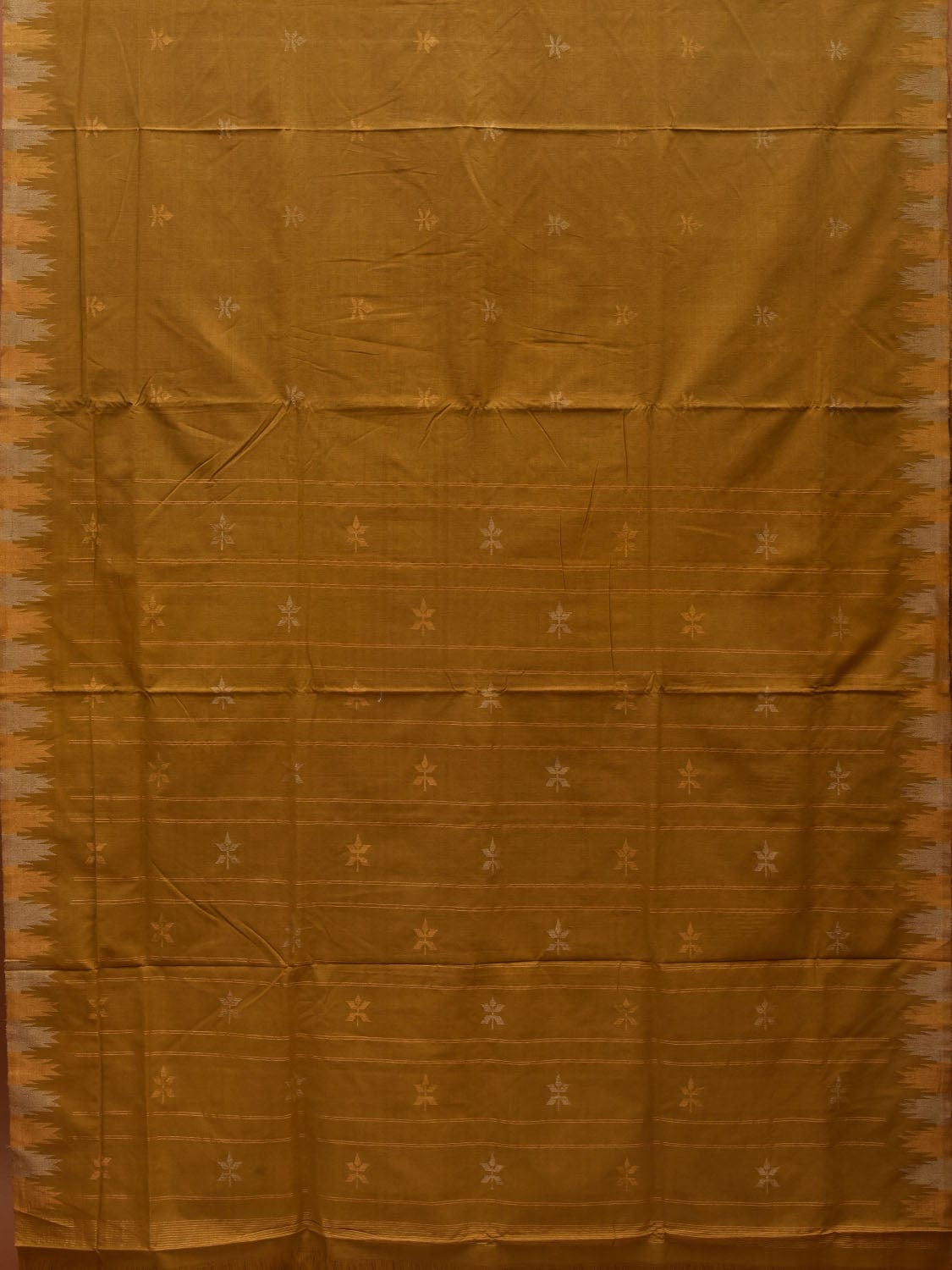 Olive Khadi Cotton Handloom Saree with Temple Border Design - Global Threads | Swadesiicart