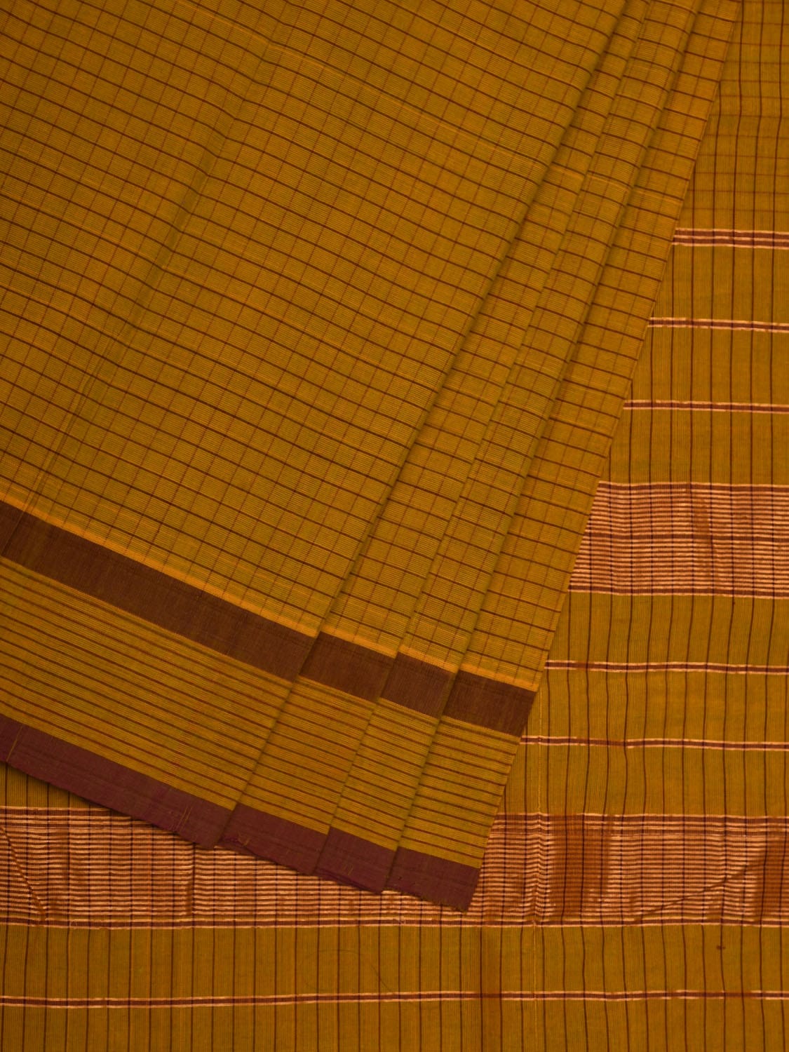 Olive Narayanpet Cotton Handloom Saree with Checks Design - Global Threads | Swadesiicart