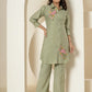Yufta Olive Thread_Work Shirt And Trouser Polyester Co-Ord Set - Swadesiicart