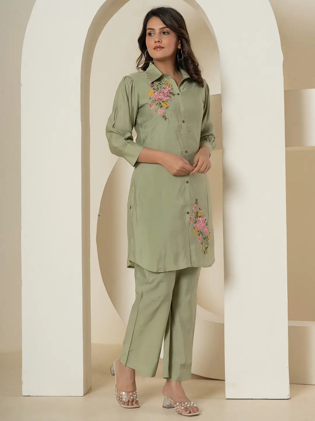 Yufta Olive Thread_Work Shirt And Trouser Polyester Co-Ord Set - Swadesiicart