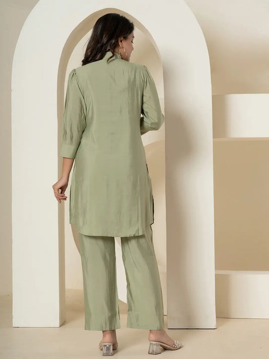 Yufta Olive Thread_Work Shirt And Trouser Polyester Co-Ord Set - Swadesiicart