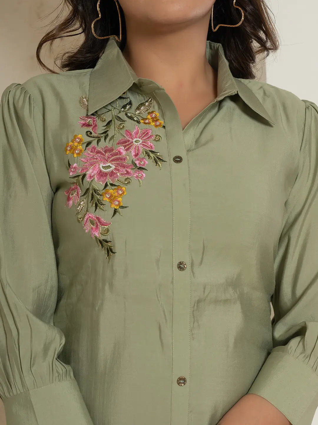 Yufta Olive Thread_Work Shirt And Trouser Polyester Co-Ord Set - Swadesiicart