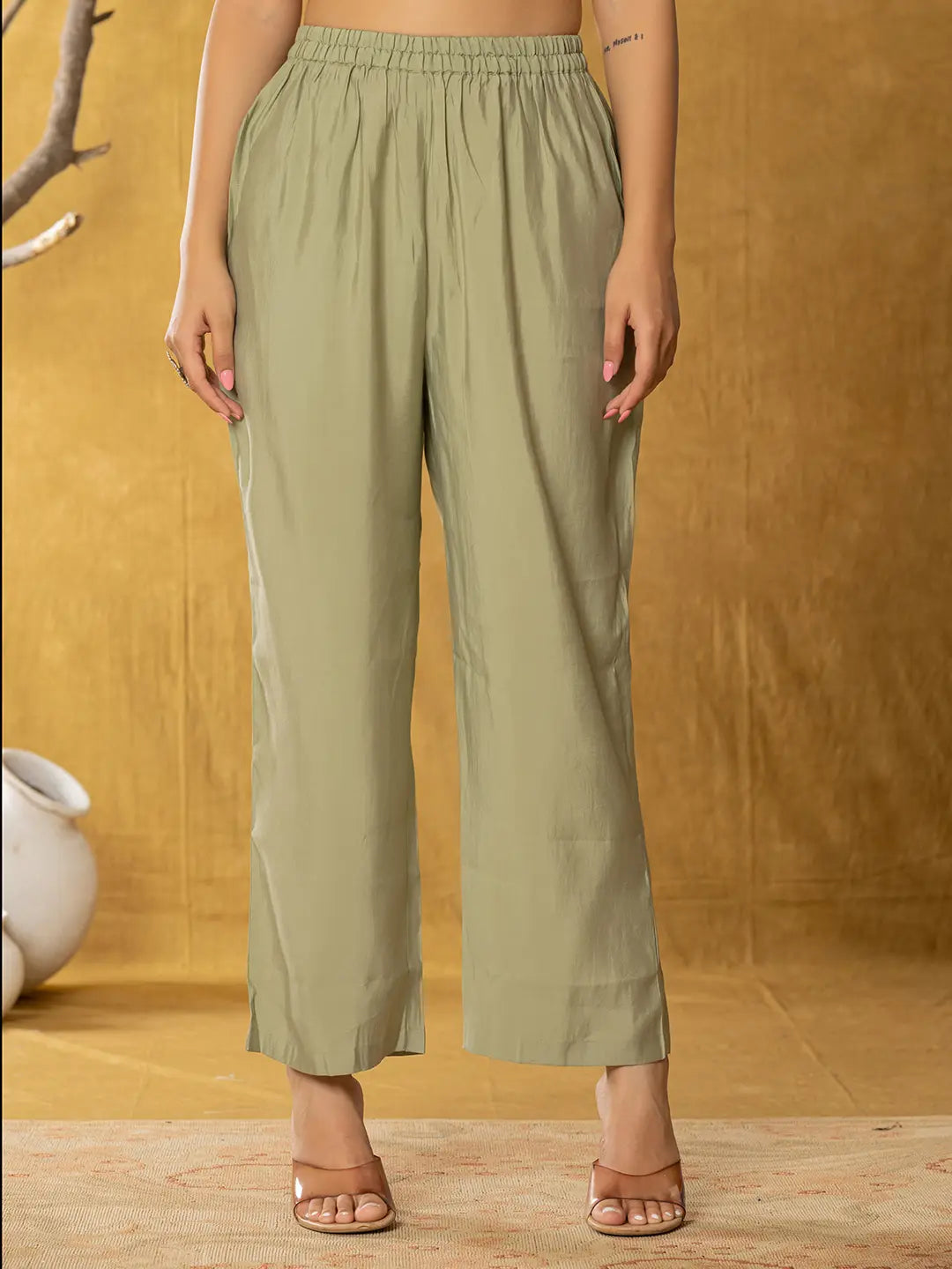 Yufta Olive Thread_Work Shirt And Trouser Polyester Co-Ord Set - Swadesiicart
