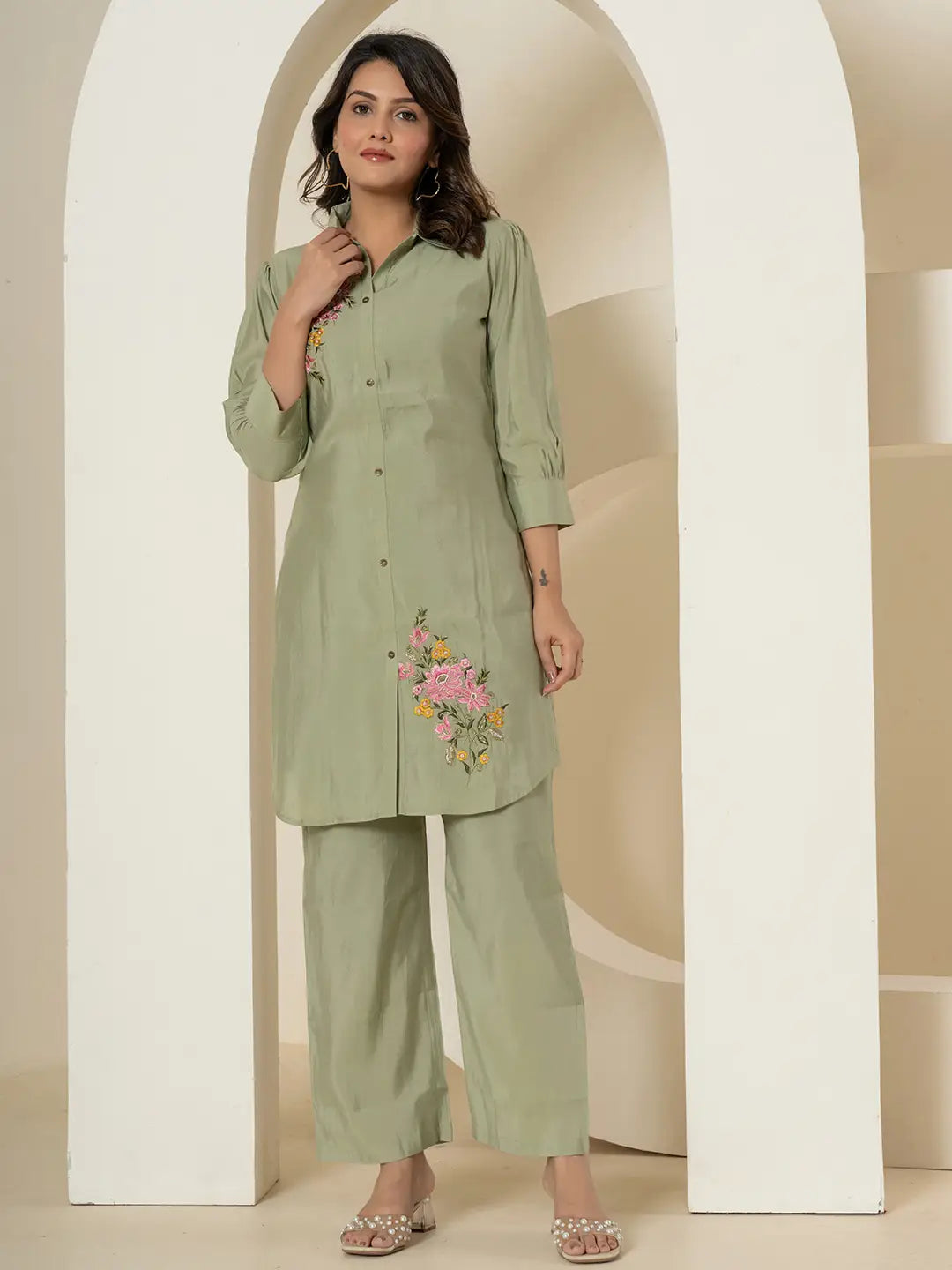 Yufta Olive Thread_Work Shirt And Trouser Polyester Co-Ord Set - Swadesiicart