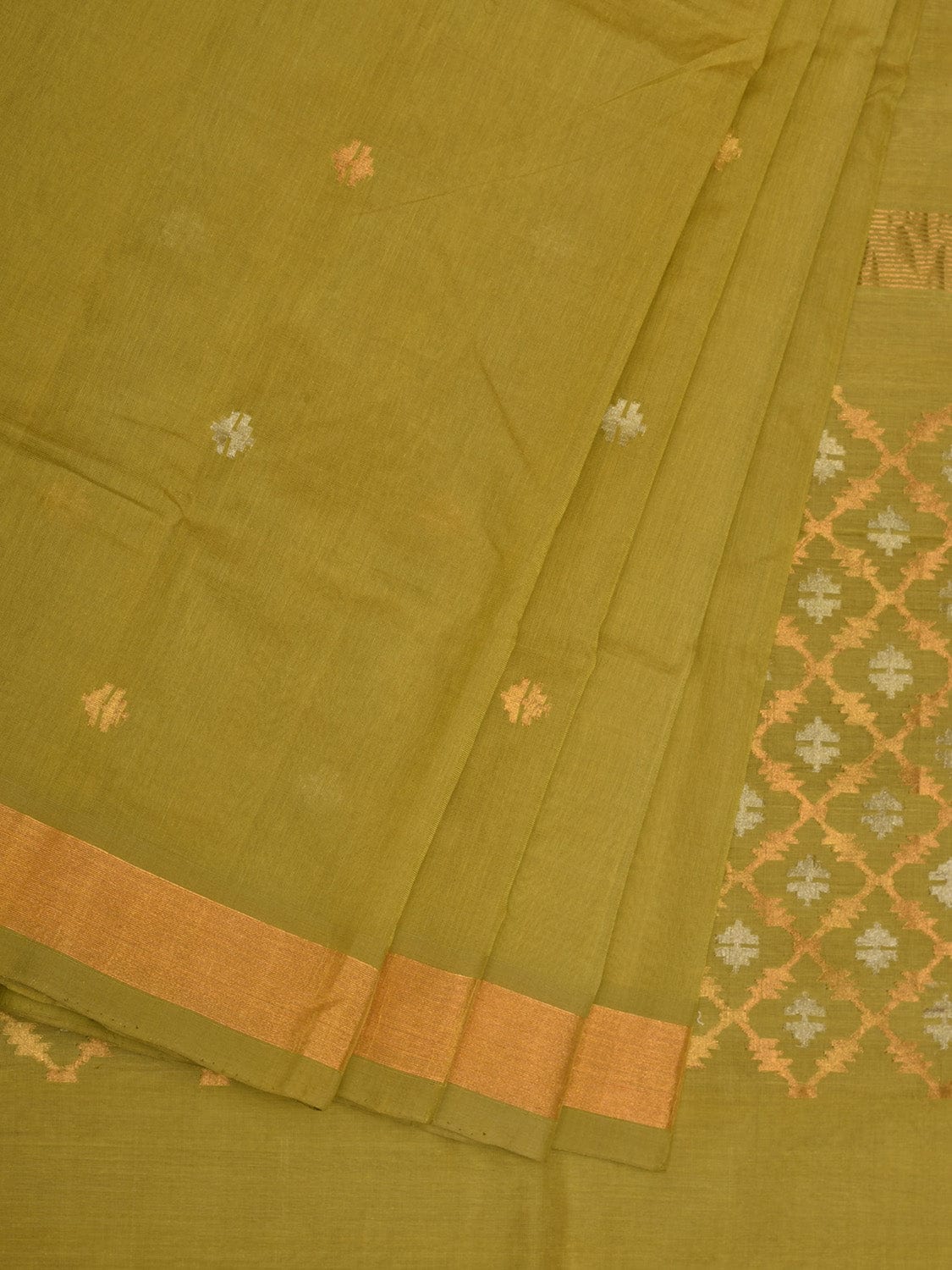 Olive Uppada Cotton Handloom Saree with Jamdani Pallu Design - Global Threads | Swadesiicart