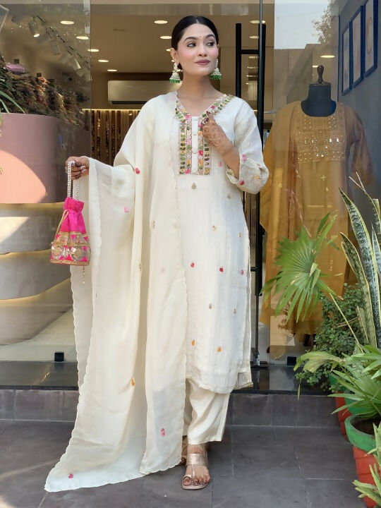 The52 Off White Women's Gorgeous Chinon Fabric Embroidered Work Straight Kurta Pant and Dupatta Set - Swadesiicart