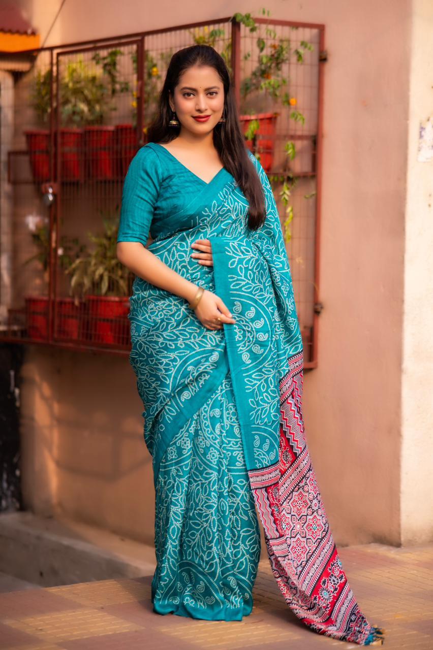 Rama Silk Blend Ajrak Saree with Unstitched Blouse - Hiral Fashion | Swadesiicart