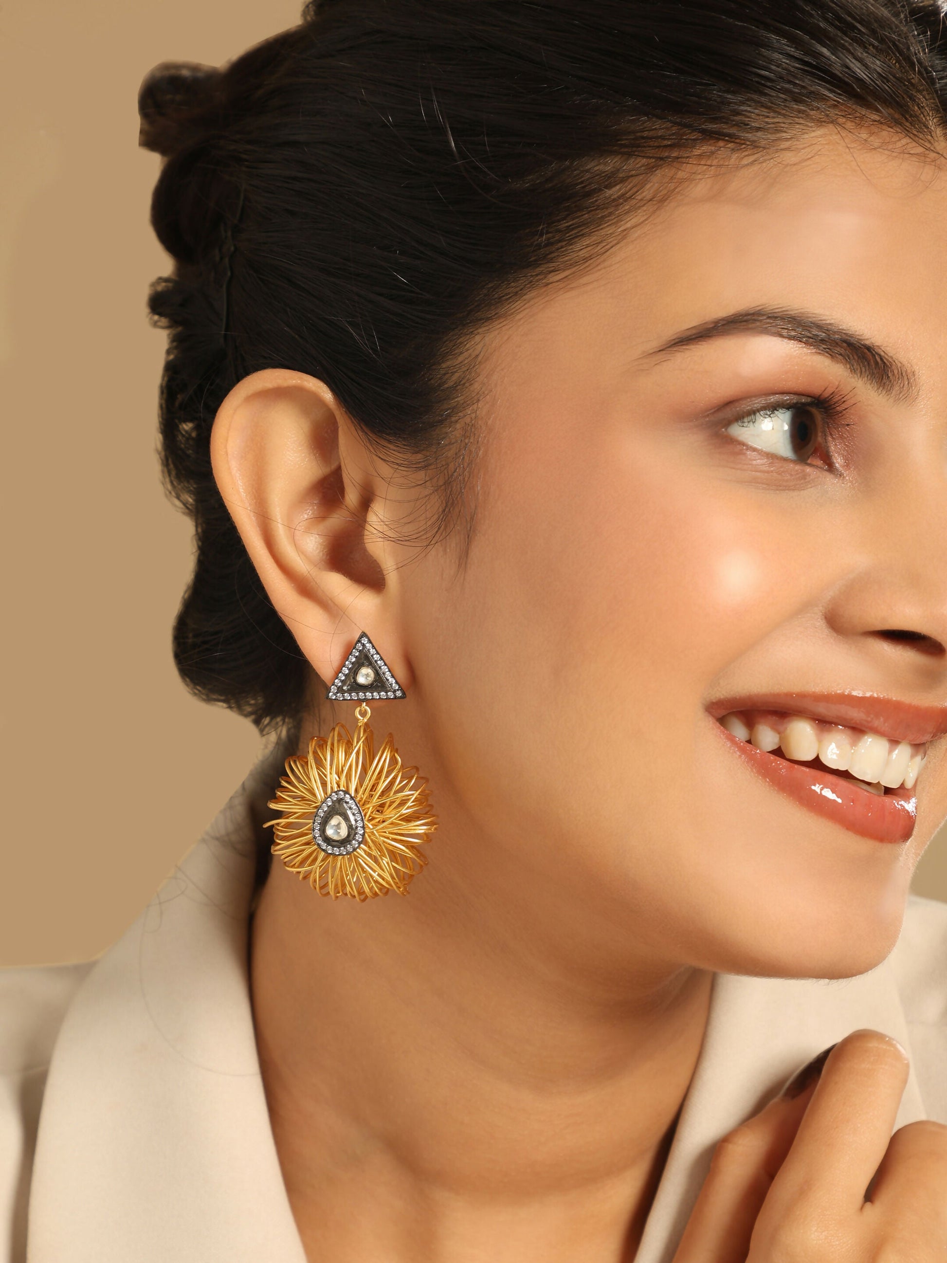 Nuyug 18K Gold-Plated Stones & American Diamond Studded Contemporary Wire Drop Earrings | Swadesiicart