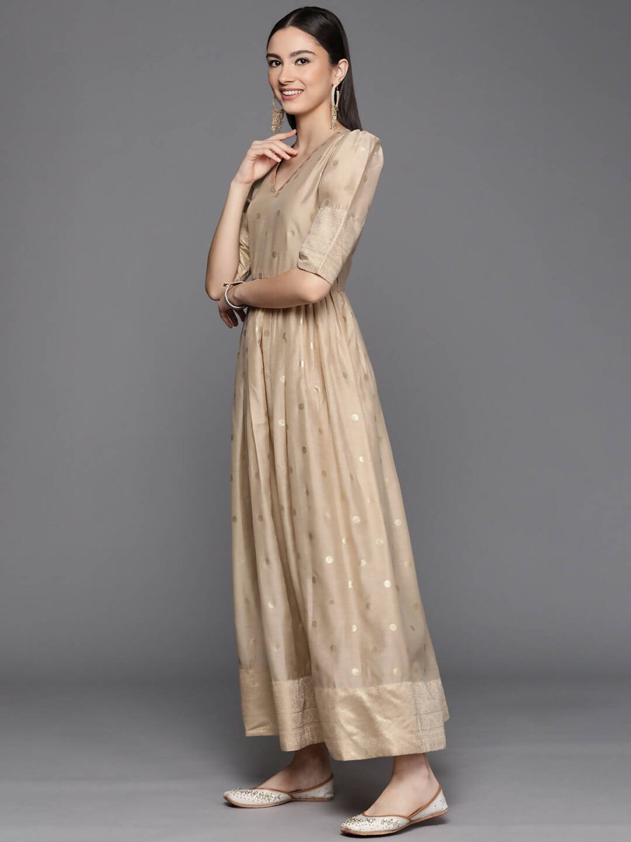 Ahalyaa Women's Beige Chanderi Gold Foil Print Dress | Swadesiicart