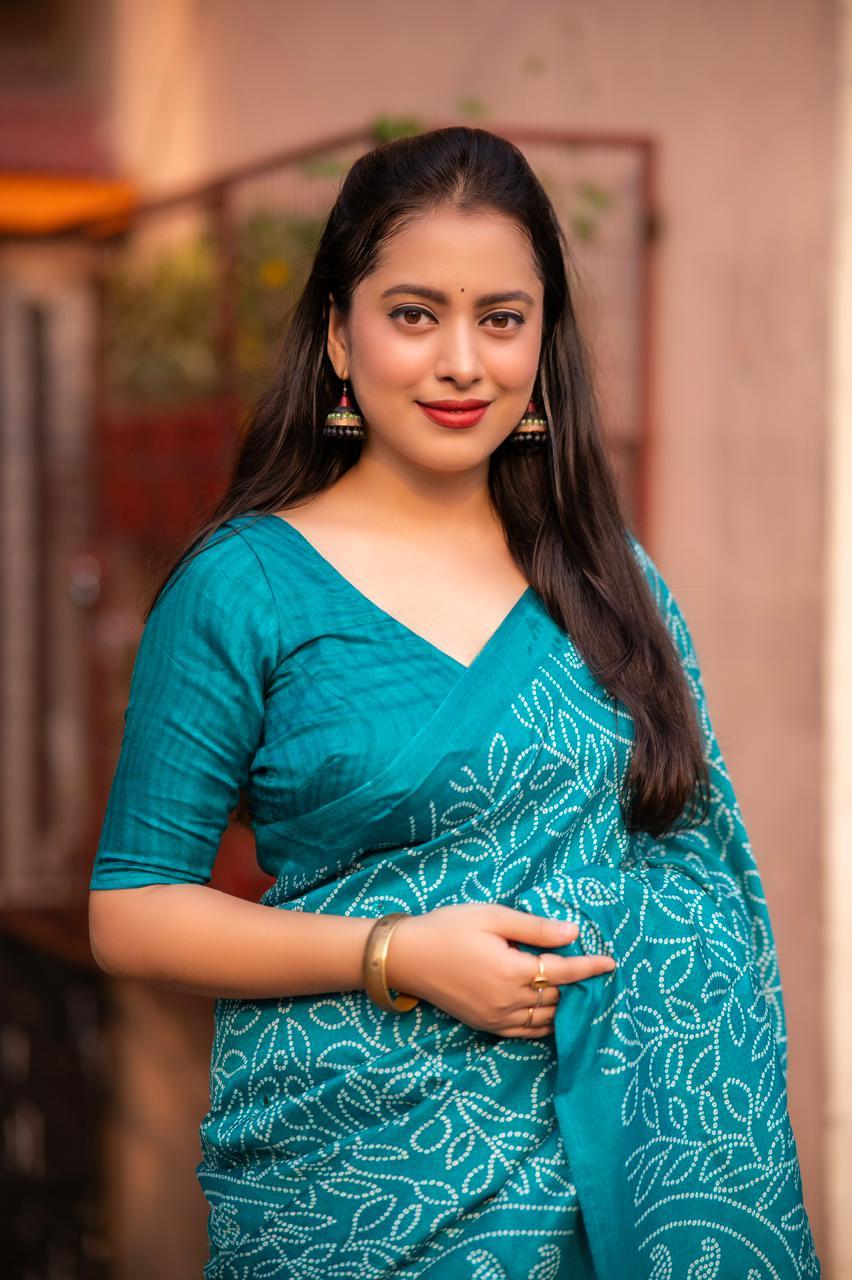 Rama Silk Blend Ajrak Saree with Unstitched Blouse - Hiral Fashion | Swadesiicart