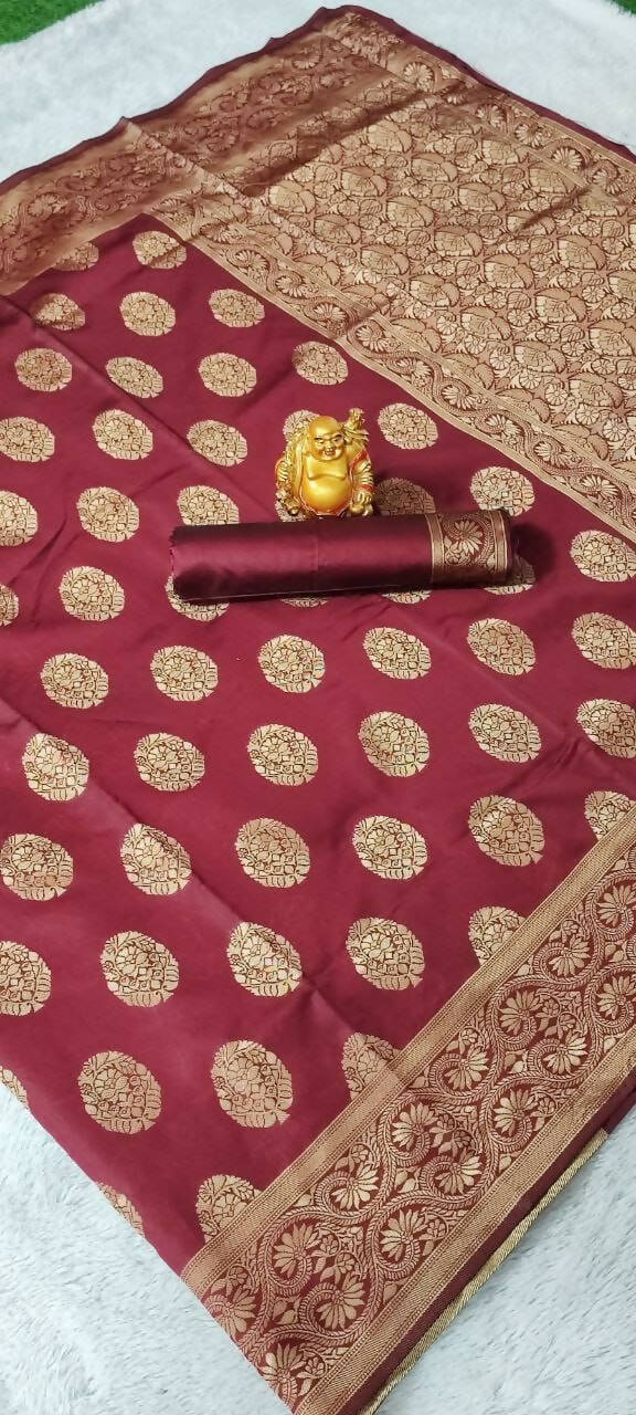 DEIANA'S Beautiful Designer Golden zari Soft Lichi Silk Saree - Maroon - Swadesiicart