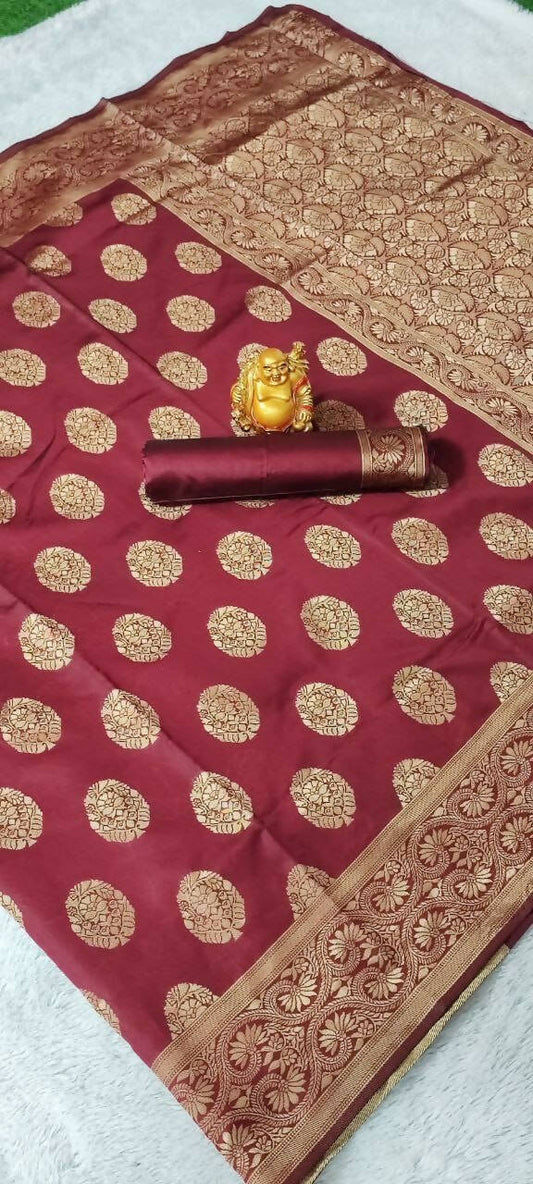 DEIANA'S Beautiful Designer Golden zari Soft Lichi Silk Saree - Maroon - Swadesiicart