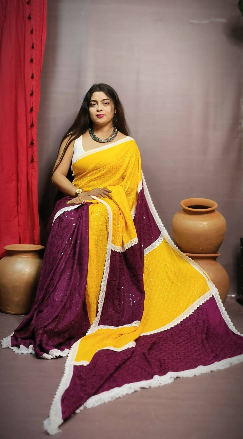 Exclusive Collection Chikankari Sequence Saree - Yellow & Maroon - Swadesiicart