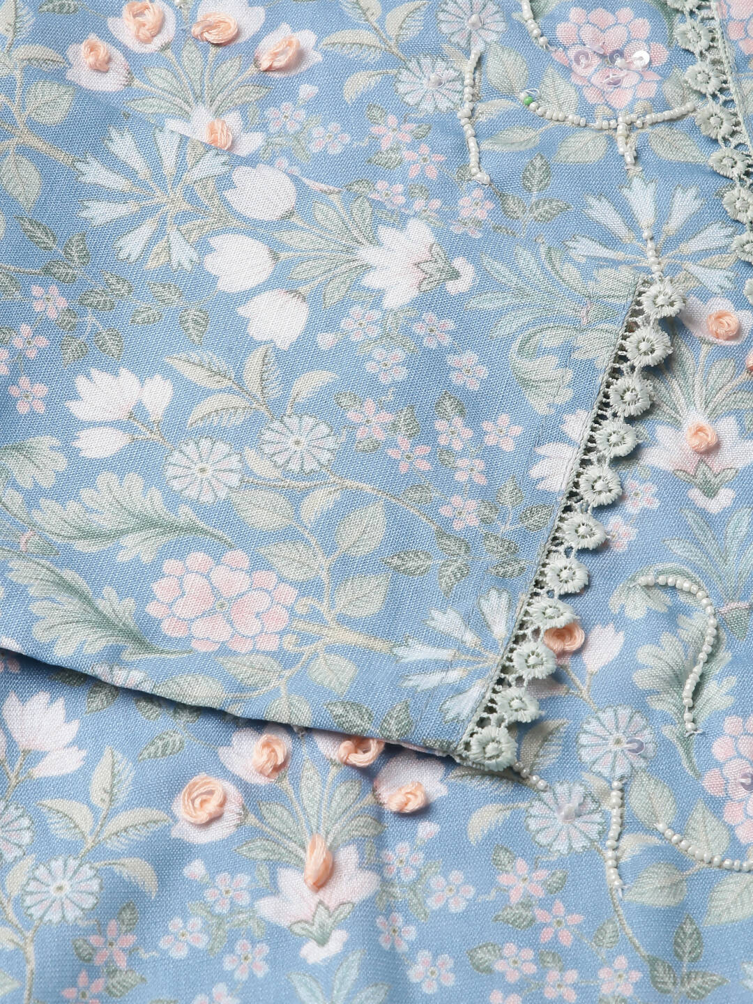 Blue Linen Floral Printed Straight Fit Kurta - Prasuti