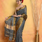 Very Much Indian Handloom Pure Cotton Linen Saree With Golden Border - Grey Gold | Swadesiicart