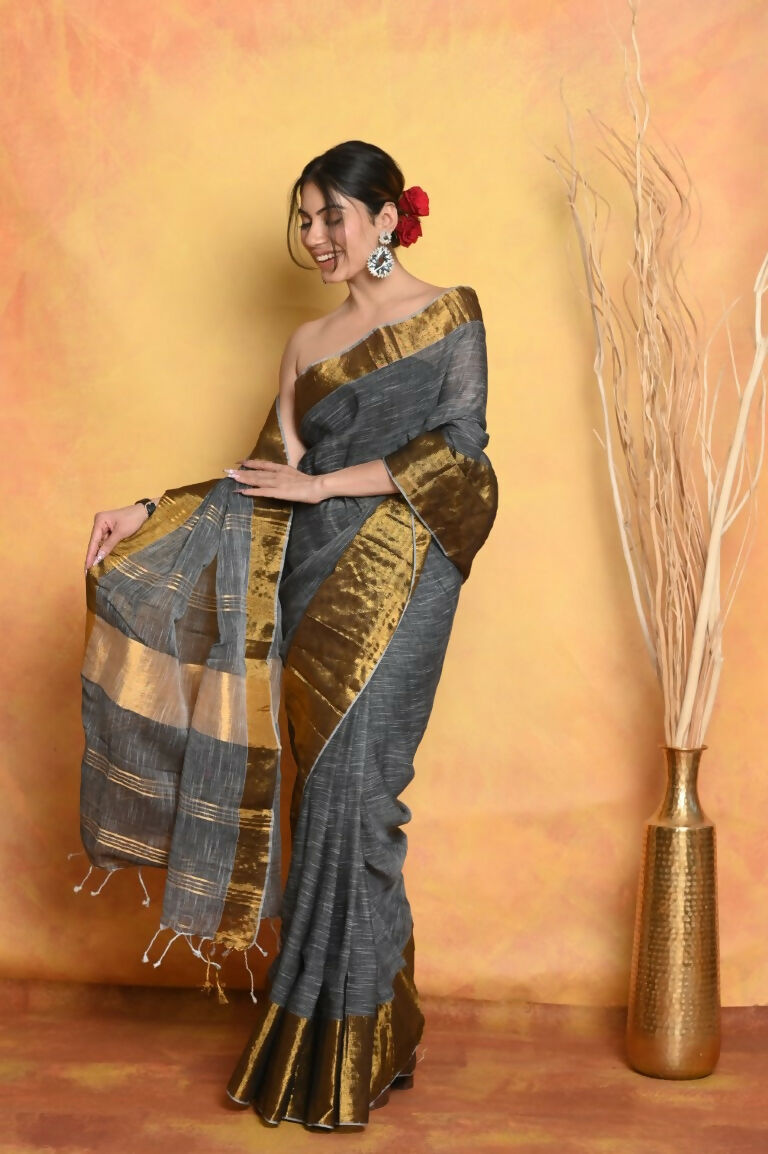 Very Much Indian Handloom Pure Cotton Linen Saree With Golden Border - Grey Gold | Swadesiicart